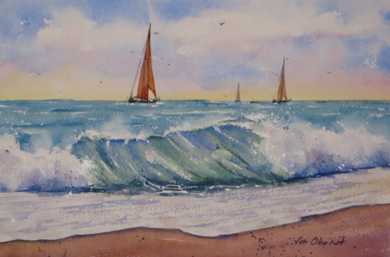seascape, surf, waves, beach, boat, sailboat, sea, ocean, original watercolor painting, oberst